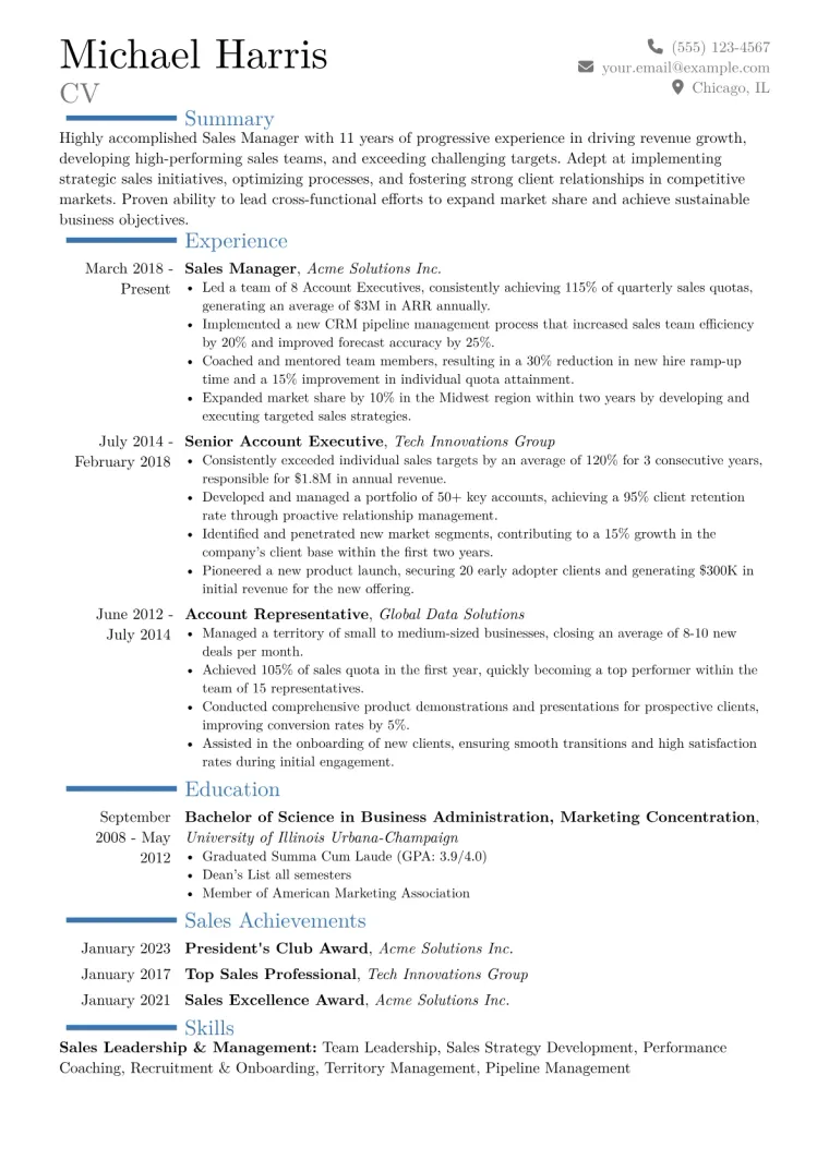 Sales Manager Resume Example CV template preview