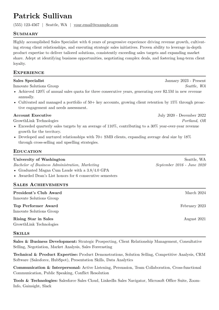 Sales Specialist Resume Example preview