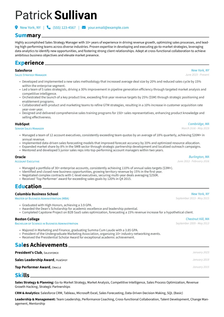 Sales Strategy Manager Resume Example CV template preview