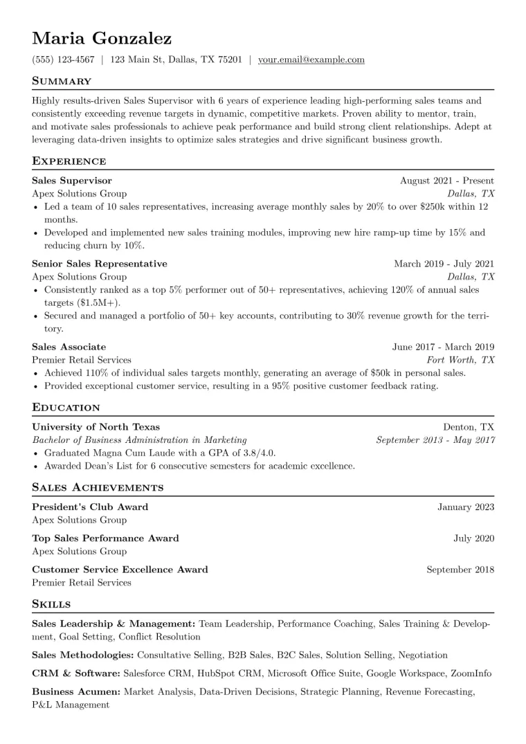 Sales Supervisor Resume Example CV template preview