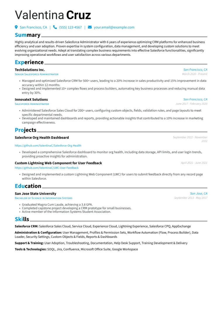 Salesforce Administrator Resume Example CV template preview