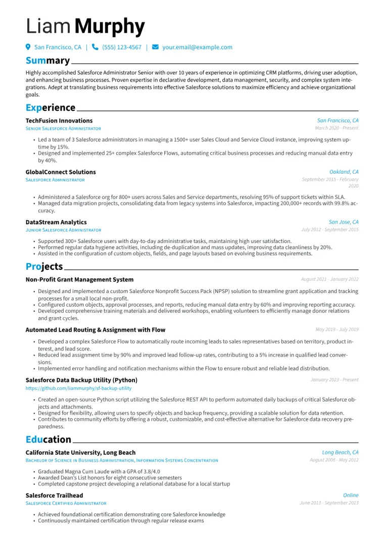 Salesforce Administrator Senior Resume Example CV template preview