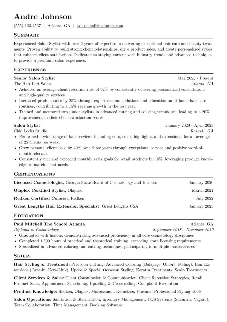 Salon Stylist Resume Example CV template preview