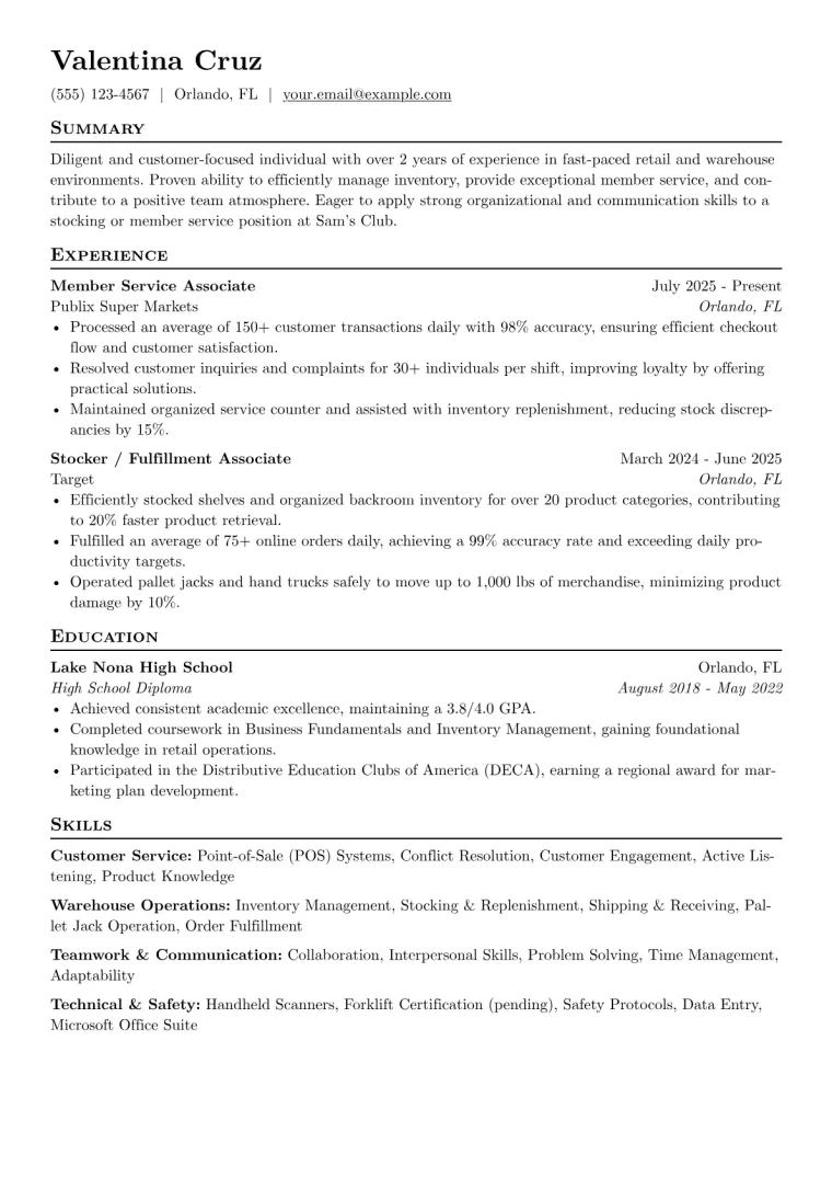 Sam's Club Resume Example preview