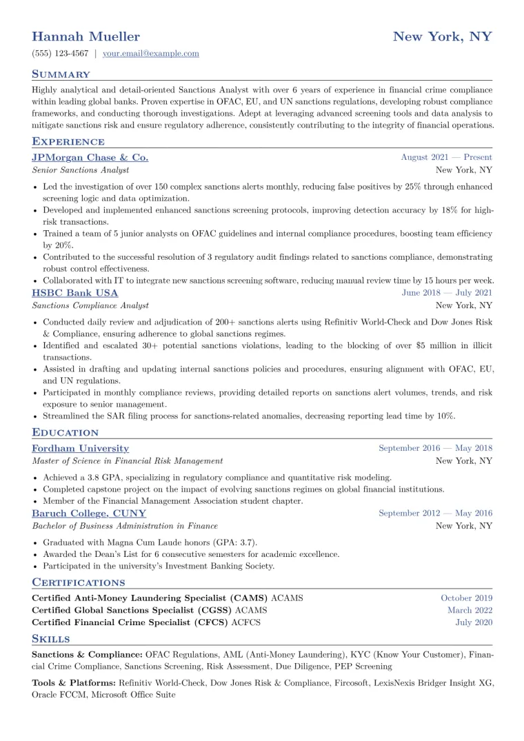 Sanctions Analyst Resume Example CV template preview