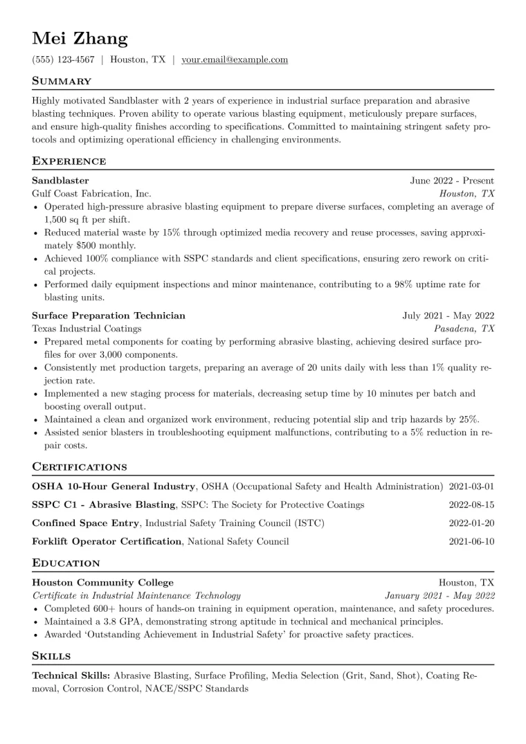 Sandblaster Resume Example CV template preview
