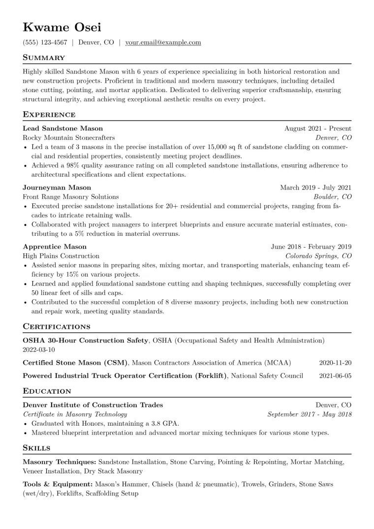 Sandstone Mason Resume Example CV template preview