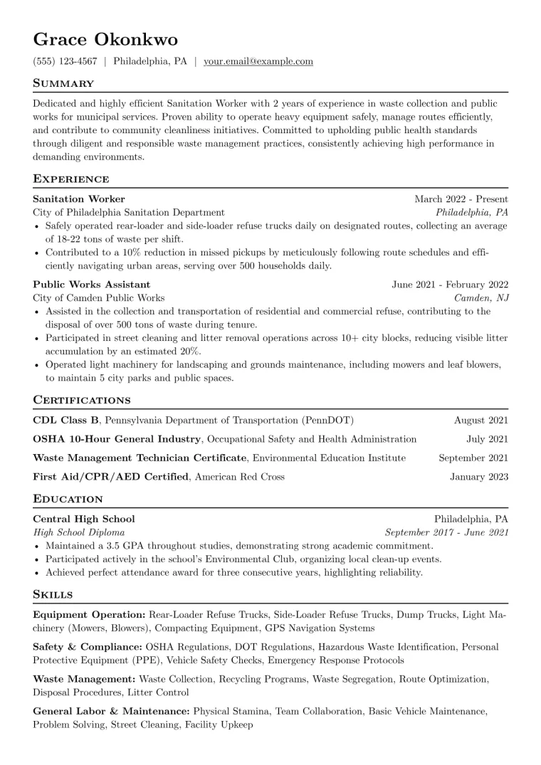 Sanitation Worker Resume Example CV template preview