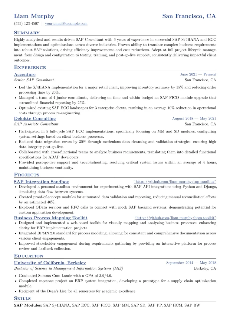 SAP Consultant Resume Example CV template preview