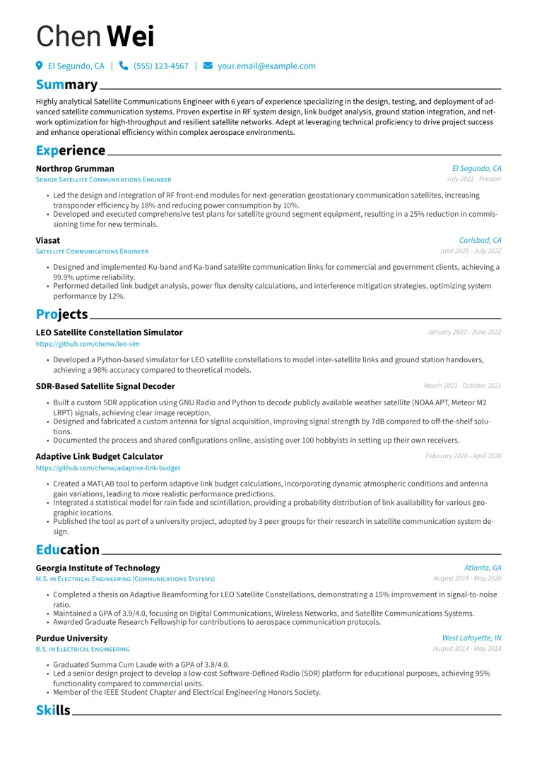 Satellite Communications Engineer Resume Example CV template preview