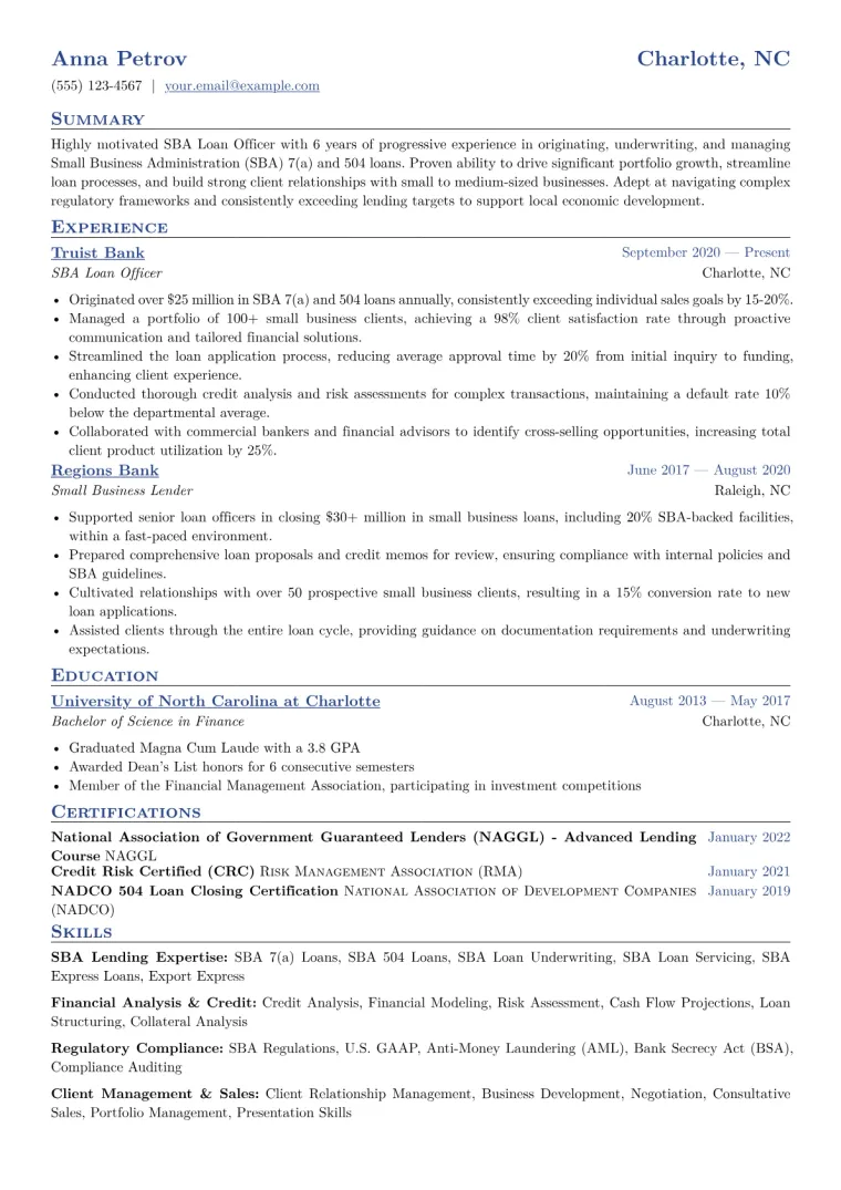 SBA Loan Officer Resume Example CV template preview