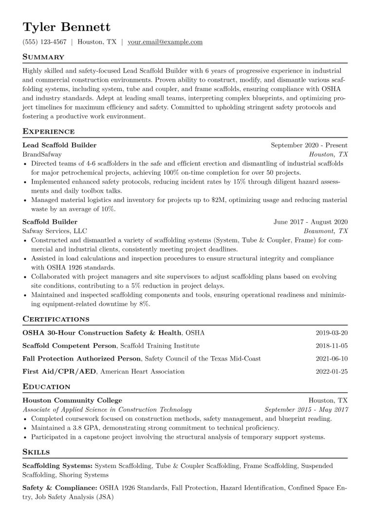 Scaffold Builder Resume Example CV template preview
