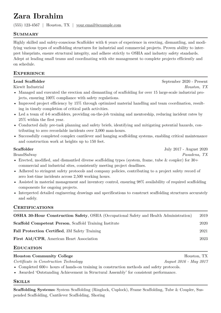 Scaffolder Resume Example CV template preview