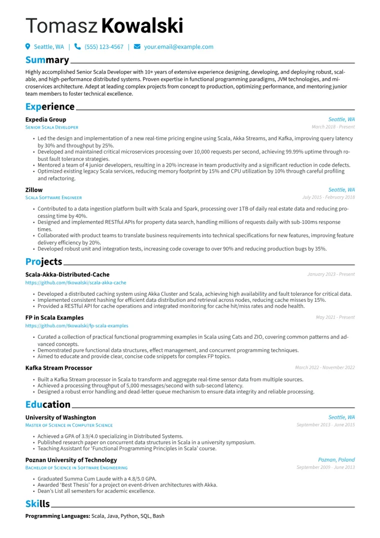Scala Developer Senior Resume Example CV template preview