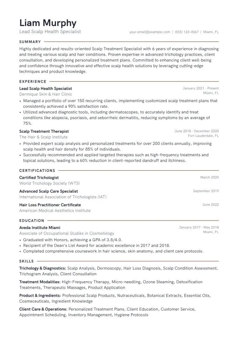Scalp Treatment Specialist Resume Example in the Keyline template