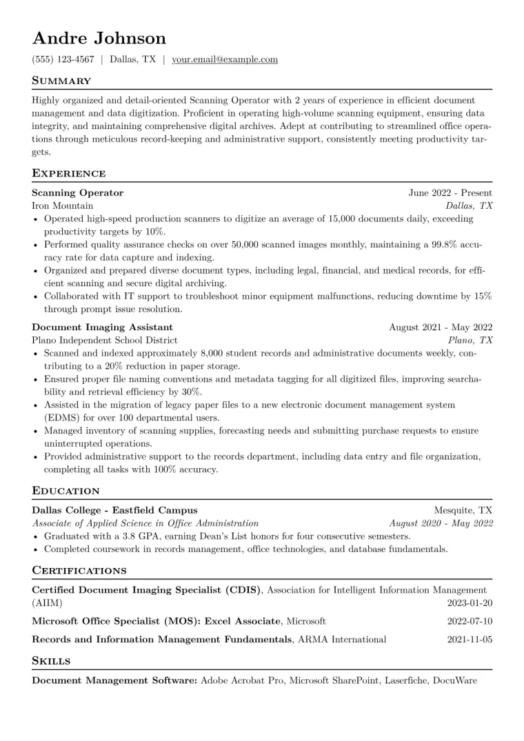 Scanning Operator Resume Example CV template preview