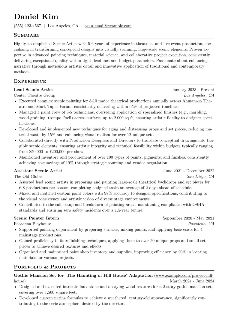 Scenic Artist Resume Example CV template preview