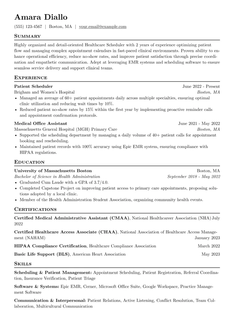 Scheduler Resume Example CV template preview