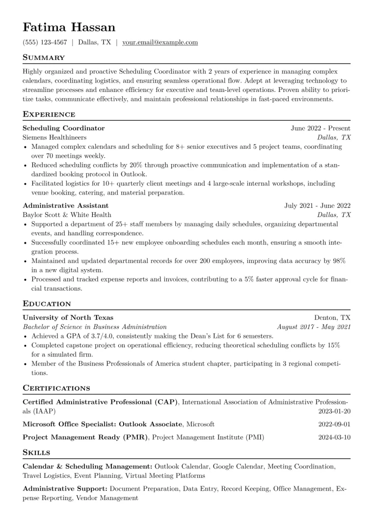 Scheduling Coordinator Resume Example CV template preview