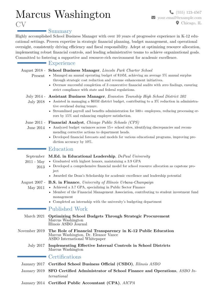 School Business Manager Resume Example CV template preview