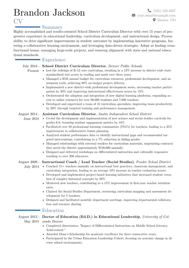 School District Curriculum Director Resume Example CV template preview