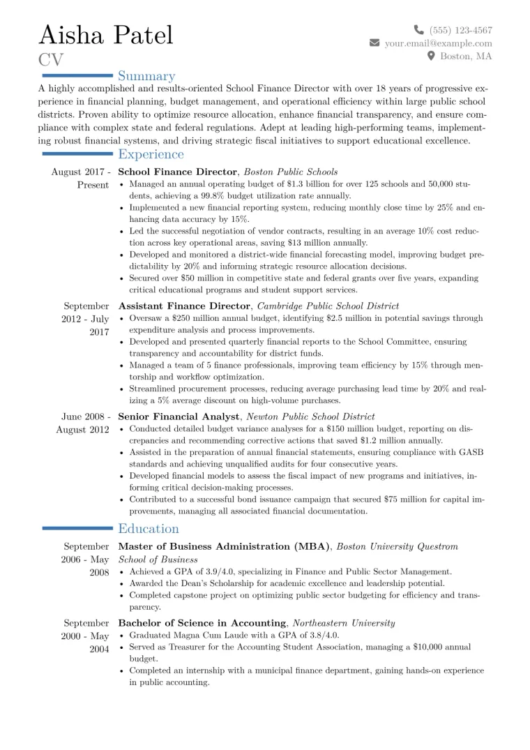 School Finance Director Resume Example CV template preview