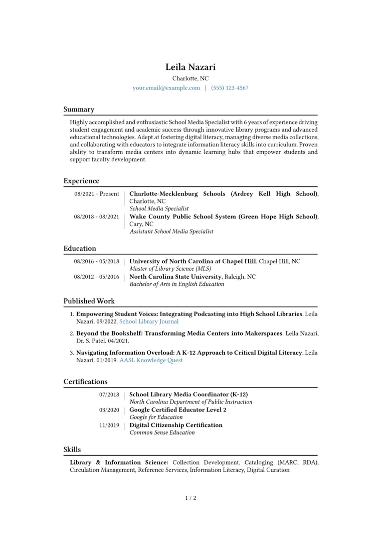 School Media Specialist Resume Example CV template preview