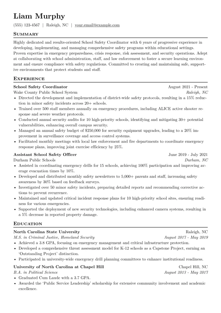 School Safety Coordinator Resume Example CV template preview