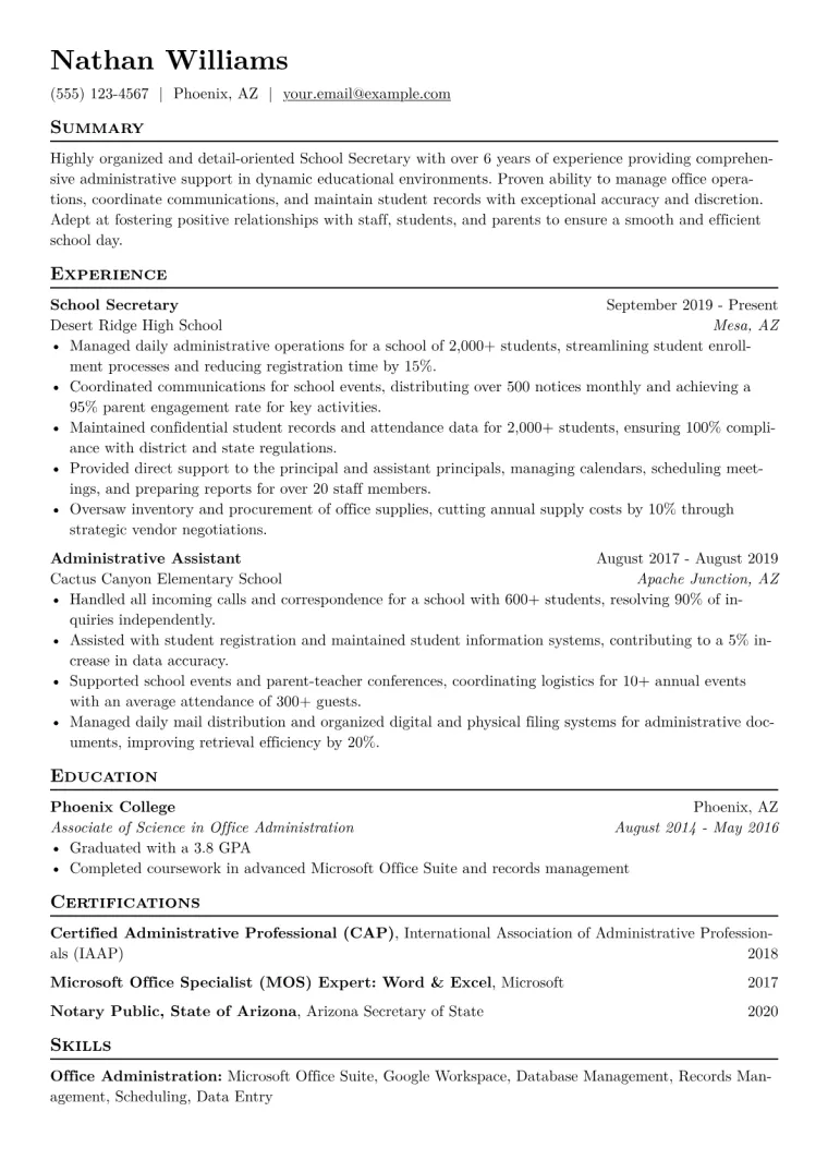 School Secretary Resume Example CV template preview