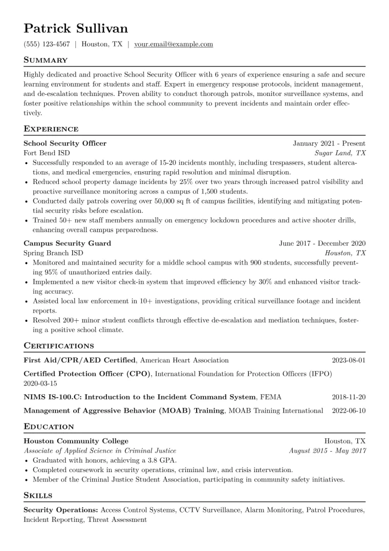 School Security Officer Resume Example CV template preview