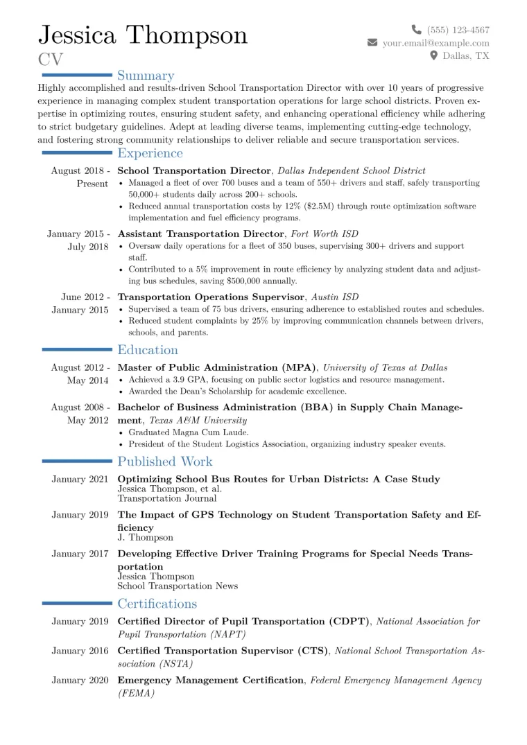 School Transportation Director Resume Example CV template preview