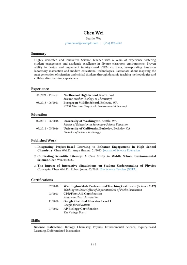 Science Teacher Resume Example CV template preview