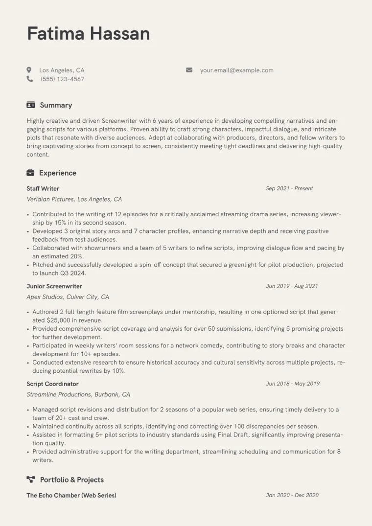 Screenwriter Resume Example CV template preview