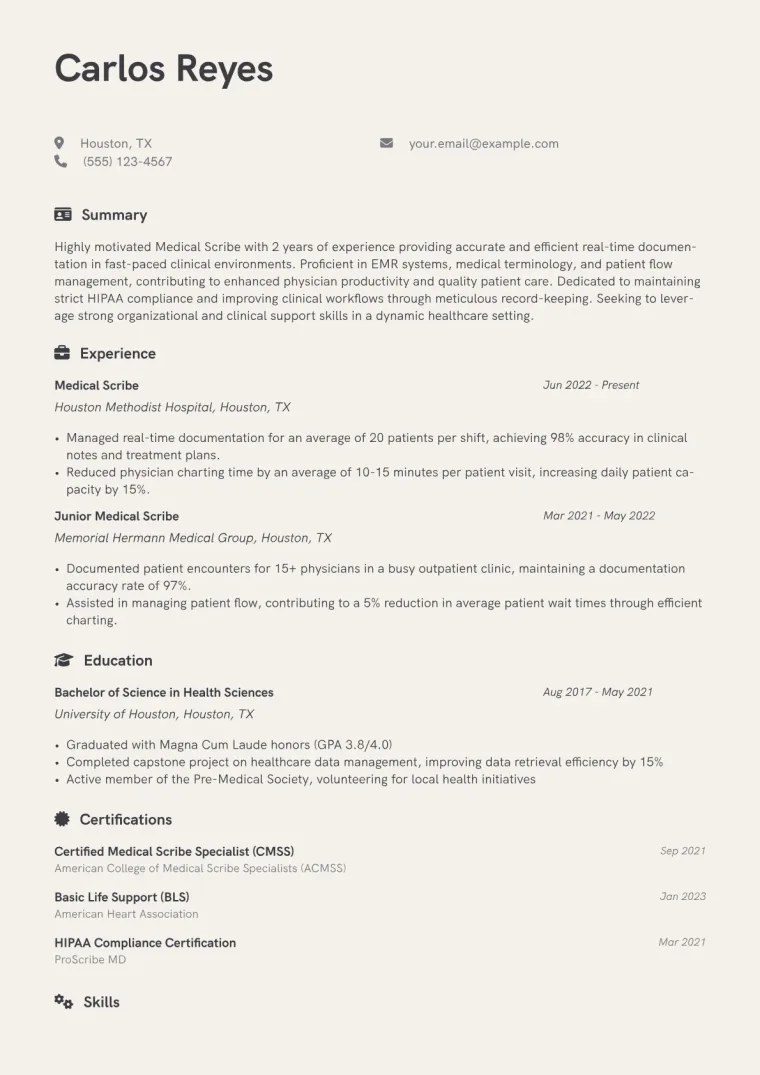 Scribe Resume Example CV template preview