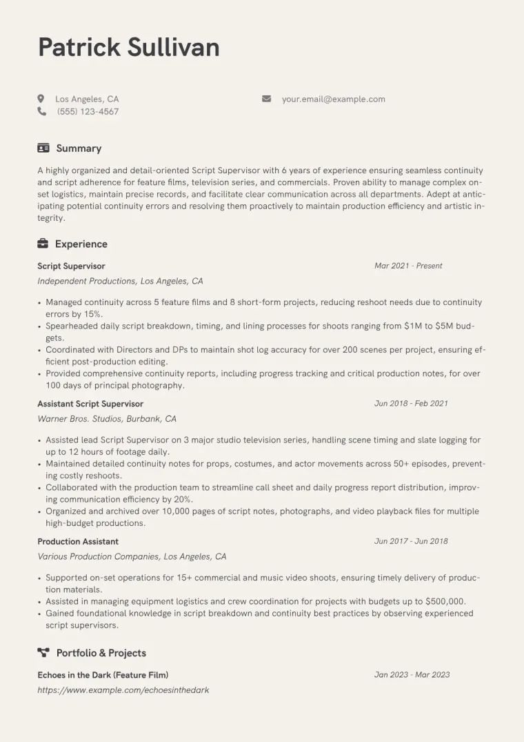 Script Supervisor Resume Example CV template preview
