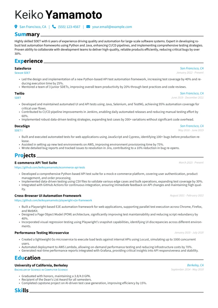 SDET Resume Example CV template preview