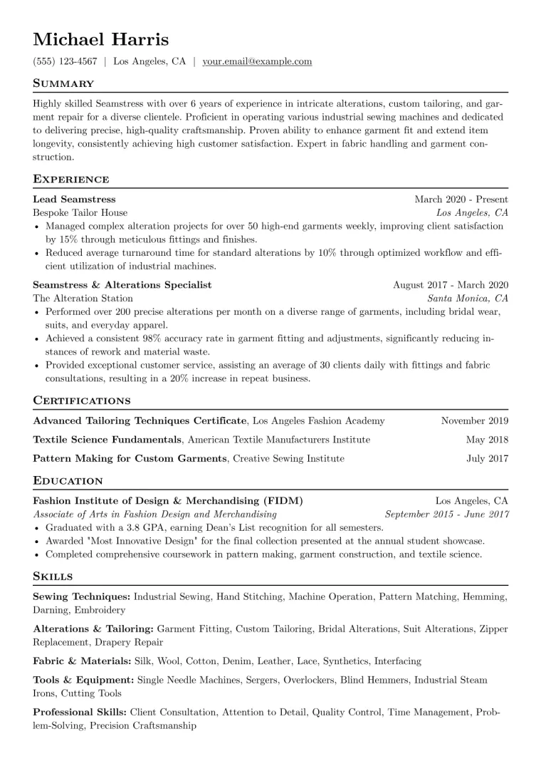 Seamstress Resume Example CV template preview