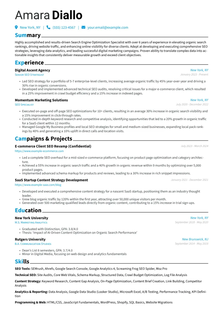 Search Engine Optimization Specialist Resume Example CV template preview