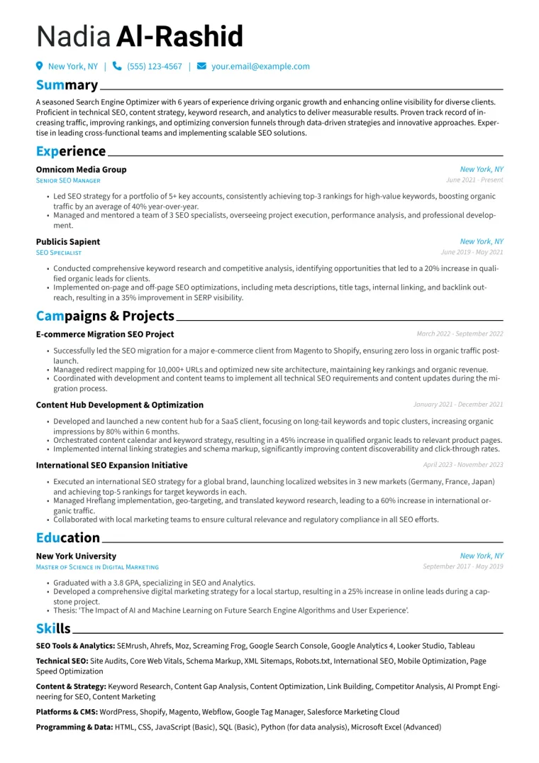 Search Engine Optimizer Resume Example CV template preview