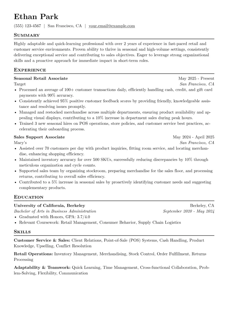 Seasonal Job Resume Example preview