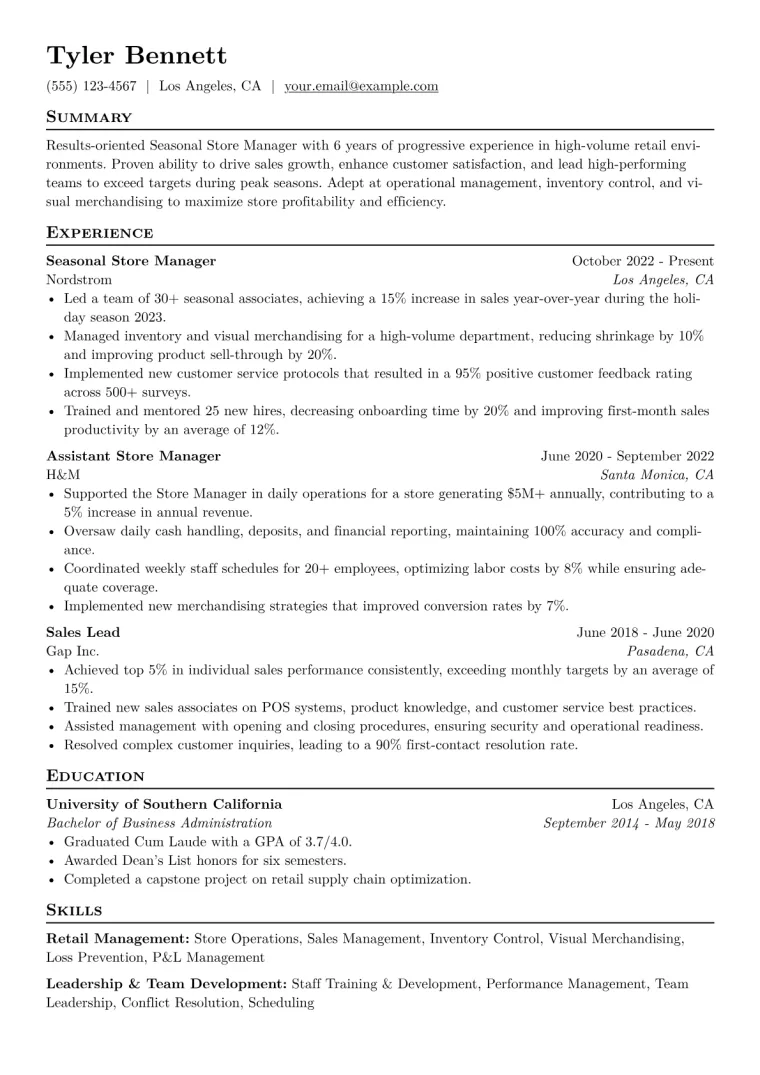 Seasonal Store Manager Resume Example CV template preview