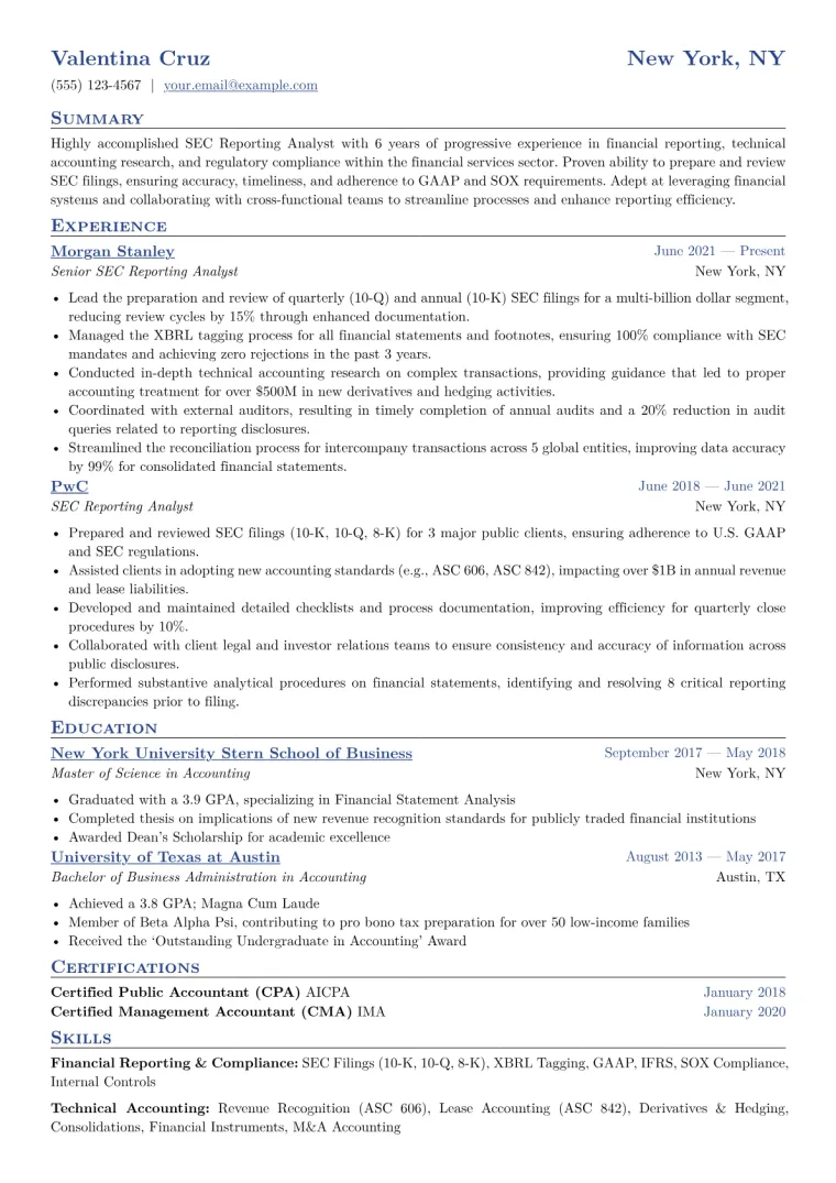 SEC Reporting Analyst Resume Example CV template preview