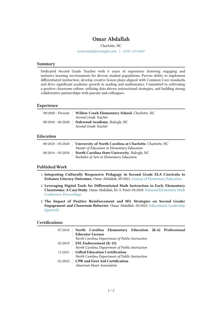 Second Grade Teacher Resume Example CV template preview