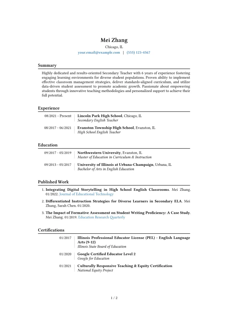 Secondary Teacher Resume Example CV template preview