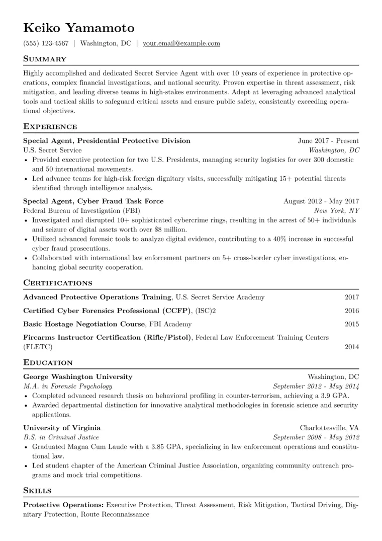 Secret Service Agent Resume Example CV template preview
