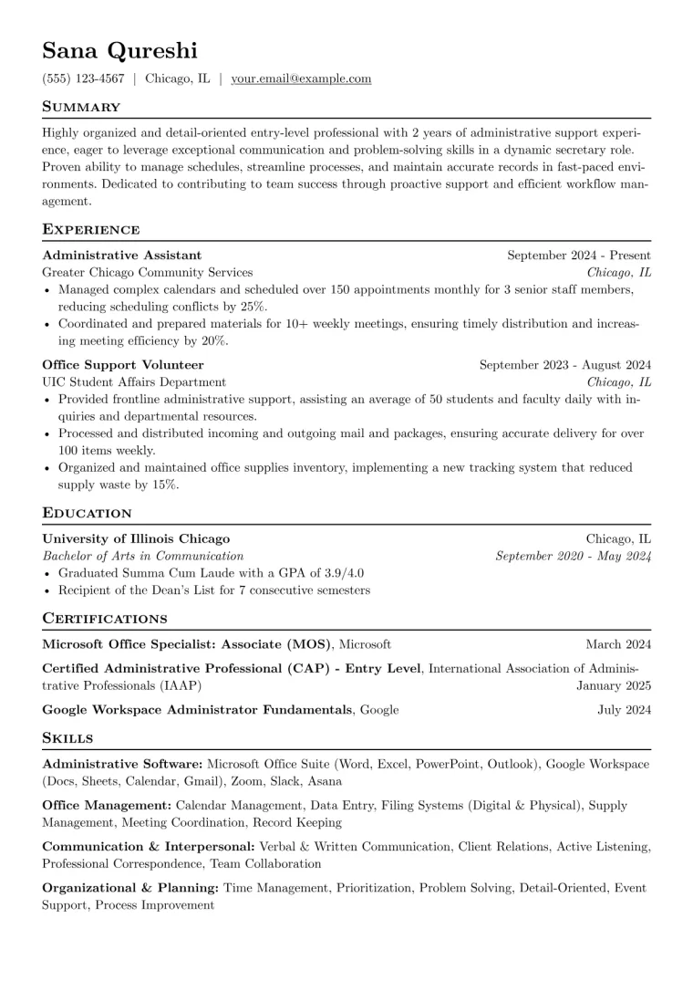 Secretary (No Experience) Resume Example CV template preview