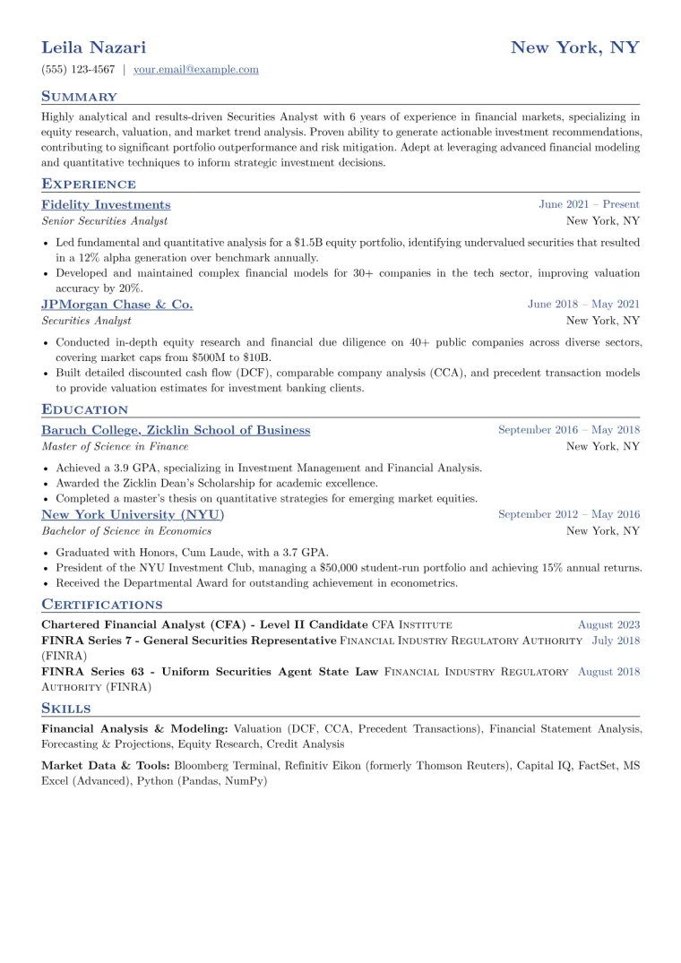 Securities Analyst Resume Example CV template preview