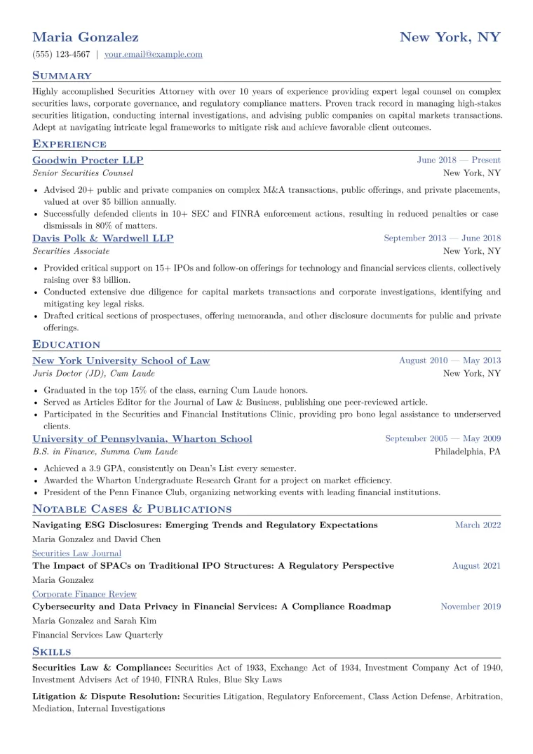 Securities Attorney Resume Example CV template preview