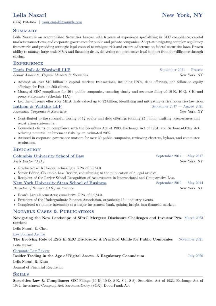 Securities Lawyer Resume Example CV template preview