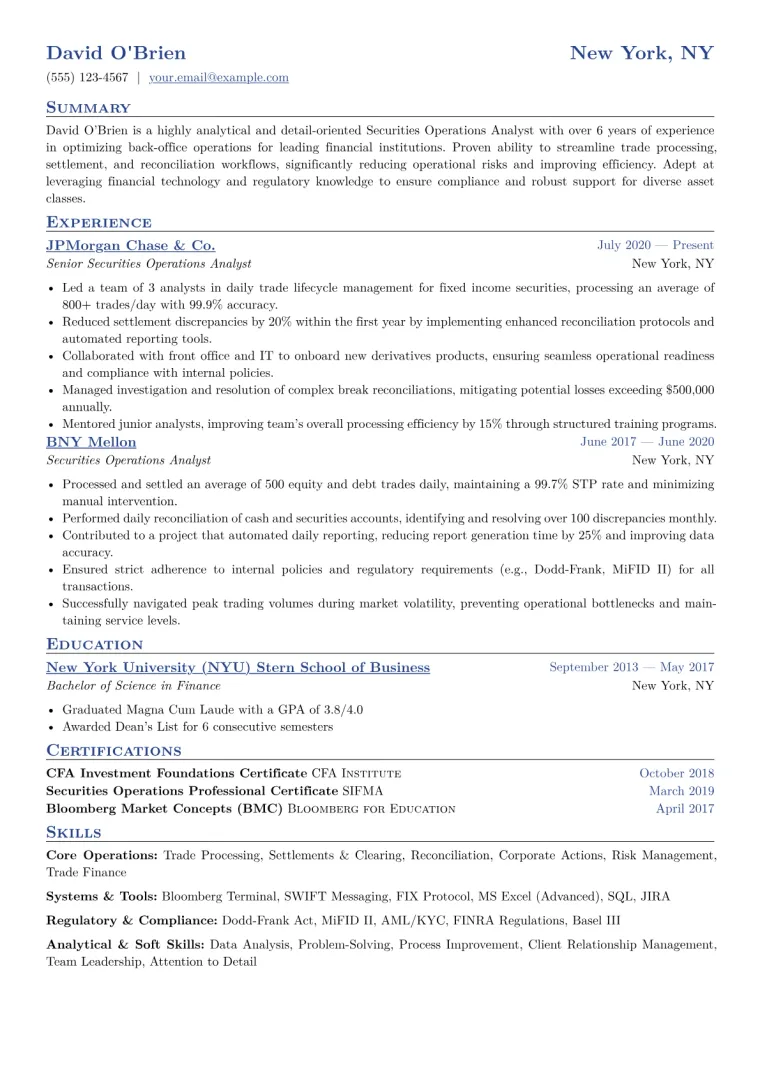 Securities Operations Analyst Resume Example CV template preview